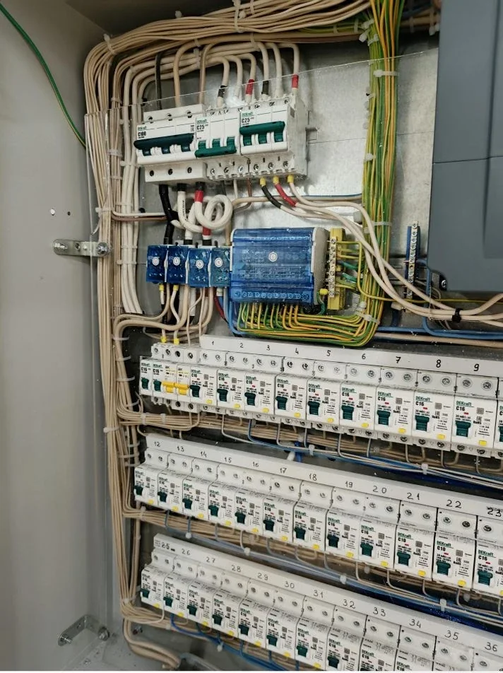 Распределительный щит с маркировкой автоматов и аккуратной укладкой проводов